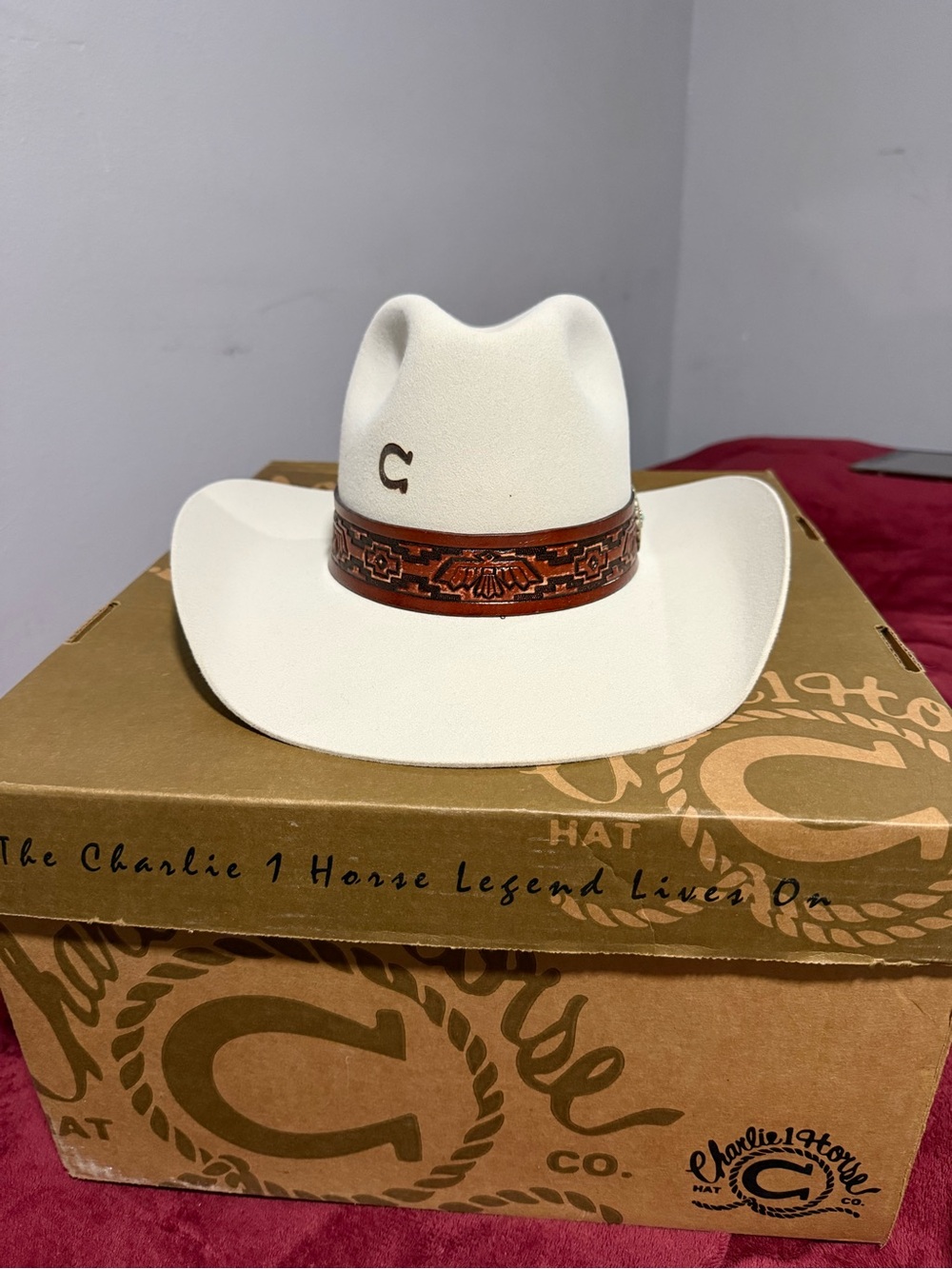 Charlie 1 Horse White Western Hat with Tooled Brown Leather Band